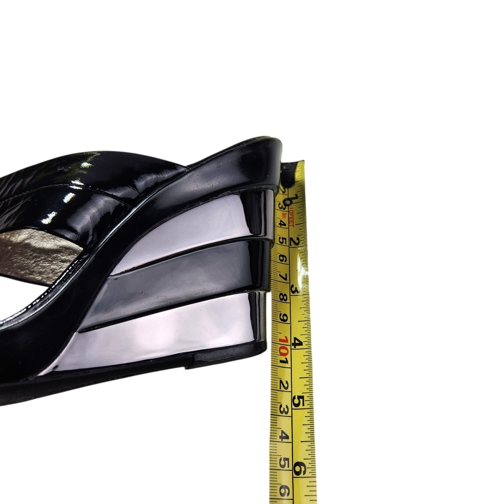 Sofft Black Metallic Silver Patent Leather Women's Wedge Sandals Art Deco 6.5 - Picture 12 of 15
